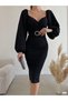 Heart Neckline Belted Imported Crepe Fabric Long Sleeve Midi Length Dress 582671 Black - 2