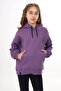 Purple Girl's Oversized Hooded Pocketed Off-Shoulder Printed Slit Sweatshirt