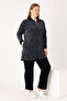 Women's Plus Size Navy Blue Patterned Cotton Velvet Zippered Long Sleeve Pocketed Bottom Top Tracksuit Set - 2