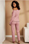 Pink Brushed Soft Textured Corded Fabric Ribbed Knit Knitted Buttoned Cardigan Pajama Suit 7962 - 4