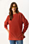 Women's Crew Neck Side Slit Regular Fit 3 Thread Sweatshirt 100% Cotton - Tile - 4