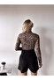 Women's Leopard Print Mock Neck Window Long Sleeve Blouse - 6