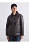 Brown Plush Shirt Collar Women's Leather-Look Coat