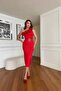 Red Sequential Rose Detailed Belted Slit Midi Length Dress