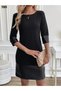 New Season Women's Imported Crepe Dress Leather Detailed Long Sleeve Crew Neck - 2