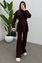 Women's Burgundy Waist-Tied Button Detailed Corded Fabric Knitwear Sweater Trousers Two-Piece Set - 5