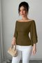 Women's Khaki Boat Neck Flare Sleeve Draped Fitted Blouse - 5