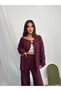 Burgundy Wrinkled Buckle Cardigan Trouser Set - 1371 - 2
