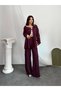 Burgundy Wrinkled Buckle Cardigan Trouser Set - 1371 - 4