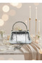 Silver Crystal Pattern Pearl Detailed Stone Handle Evening Dress Bag Night Wedding Portfolio - 3