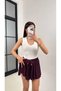 Women's High Waist Elastic Waistband and Lace-Up Pleated Relaxed Fit Shorts Skirt - Burgundy - 2