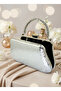 Silver Crystal Pattern Pearl Detailed Stone Handle Evening Dress Bag Night Wedding Portfolio - 4