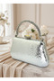 Silver Crystal Pattern Pearl Detailed Stone Handle Evening Dress Bag Night Wedding Portfolio - 5