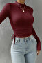Burgundy Lace Patterned Long Sleeve Crop Blouse,Burgundy Embroidery Patterned Side Gathered Stretch Fabric Blouse,Stylish Burgundy Top