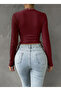 Burgundy Lace Patterned Long Sleeve Crop Blouse,Burgundy Embroidery Patterned Side Gathered Stretch Fabric Blouse,Stylish Burgundy Top - 5