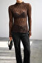 Women's Brown Mock Neck Transparent Lace Blouse - 2