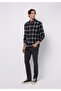 Regular Fit Shirt Neck Plaid Men's Navy Blue Long Sleeve Shirt - 3