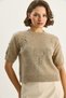 Women's Dark Beige Floral Motif Embossed Embroidery Detailed Short Sleeve Knitwear Sweater Tk251110 60283596 - 5