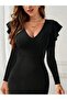 Women's Long Sleeve V-Neck Side Slit Midi Imported Crepe Dress - 2
