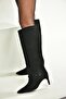 V820143202 Black Suede Thin Heeled Classic Women's Boots - 2