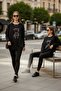 Women's Cat Embroidered Sweatshirt – Comfortable Fit, 3 Thread, No Pile, Black & Gray Melange
