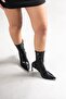 Brown Women's Black Leather Pointed Toe Thin Heeled Boots - 3