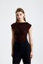 Sandy Fabric Sleeveless Blouse with Cross-Gathering Detail - 5