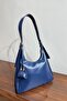 Leather Shoulder Bag with Charm Detail and Small Wallet - Navy Blue - 2