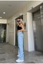 Bt14881243 Women's Blue Snow Wash High Waist Wide Leg Comfort Stretch Fabric Wide Leg Denim Pants Jeans - 2
