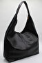 Women's Black Oversized Casual Knitted Textured Large Internal Volume Shopper Hand, Arm and Shoulder Bag