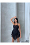 Women's Black Strap Back Lace-Up Inside Shorts Lace Mini Princess Party Dress
