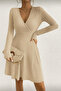 Beige Double-Breasted Ribbed Knitted Dress with Collar and Long Sleeves - 4