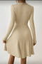 Beige Double-Breasted Ribbed Knitted Dress with Collar and Long Sleeves - 3