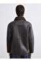 Brown Plush Shirt Collar Women's Leather-Look Coat - 6