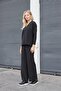 Women's Silvery Ribbed Knit V-Neck Off-Shoulder Long Sleeve Slit Blouse -Black - 2