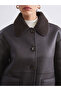 Brown Plush Shirt Collar Women's Leather-Look Coat - 4