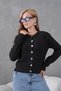Women's Black Crew Neck Button Detail Soft Textured Knitwear Cardigan - 3