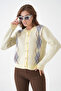 Women's Yellow Crew Neck Button Detail Patterned Knitwear Cardigan - 4