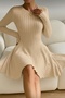 Beige Long Sleeve Fitted Ribbed Knit Mini Dress - 2