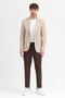 Dorra Men's Beige Cotton Blended Stretch Fabric Dobby Mono Collar Sport Slim Fit Blazer Jacket - 6