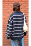 Una Fiaba-Navy Blue Oversized Striped Buttoned Polo Neck Knitwear Sweater - 2