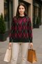 Women's Ribbed Crew Neck and Argyle Pattern Knit Long Sweater - 3