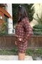 Red Plaid Patterned Tweed Mini Skirt Look Shorts Skirt and Shoulder Pad Piece Jacket Set - 2