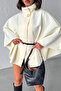 Women's Ecru Gold Button and Belt Detailed Cashmere Poncho Jacket - 4