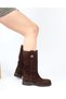 Women's Genuine Leather Brown Suede Flat Heel Boots with Gold Logo - 2
