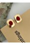 Vintage Design Square Model Burgundy Gold Steel Earrings