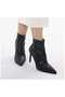 Black Leather Stretch 8.5 cm Thin Heel Pointed Toe Women's Short Boots - 5