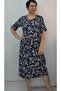 Navy Blue White Floral Print Short Sleeve Combed Viscose Dress - 5