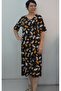 Black Mustard Leaf Print Short-Sleeved Combed Viscose Dress