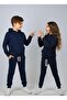 Unisex 100% Cotton Hooded Dark Blue Bottom Top Sports Double Tracksuit Set - 2